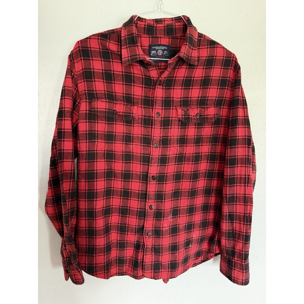 American Eagle Mens Athletic Fit Flannel Buffalo Plaid Button Up Shirt Red L